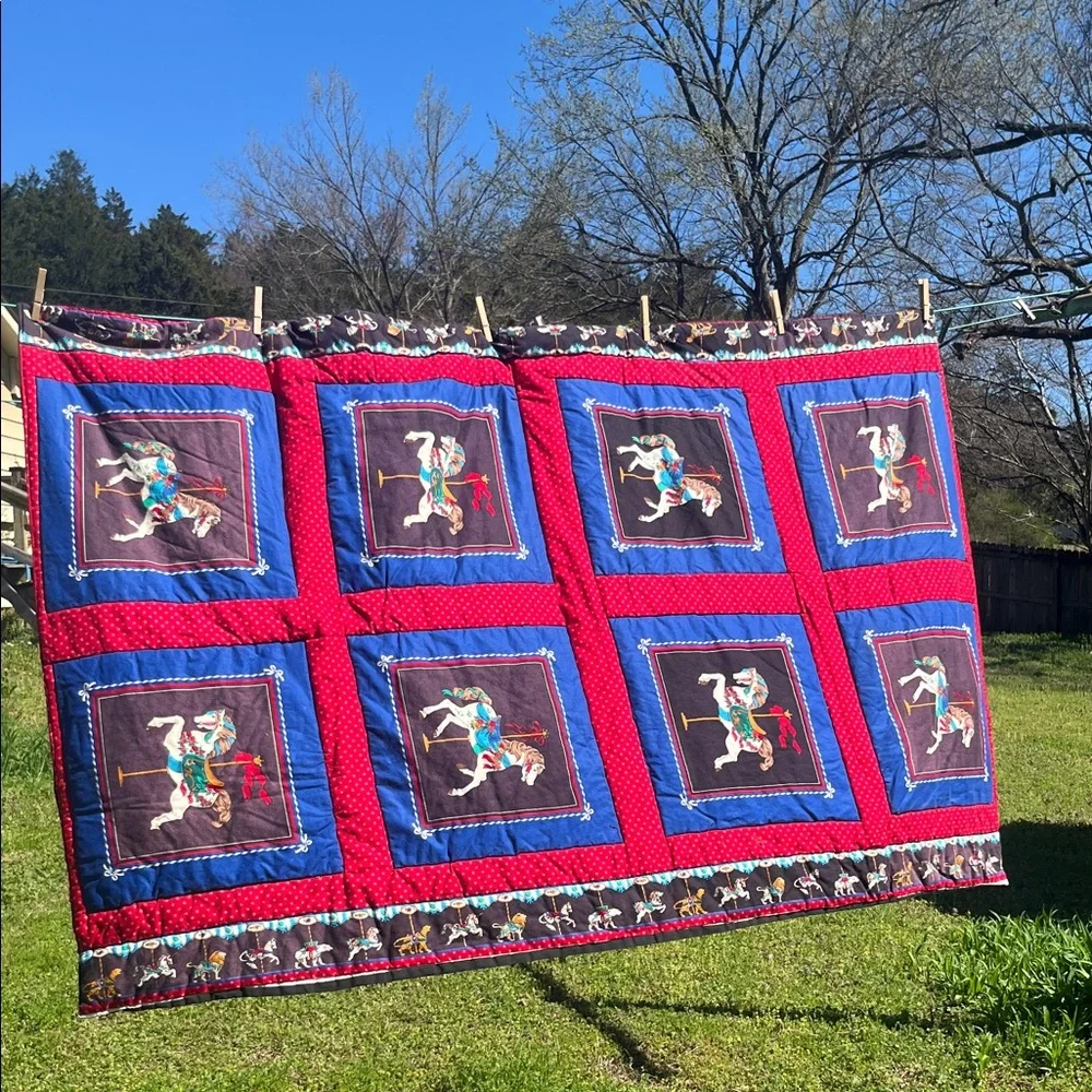 Vintage Carousel Animal Horse Print Quilt Homemade Small Throw Lap Blanket